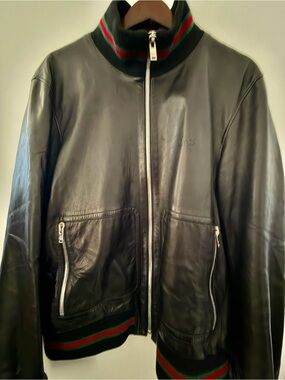 Gucci Black Leather Bomber Jacket Mens Size IT 56 (fits btw L/XL) Made in Italy